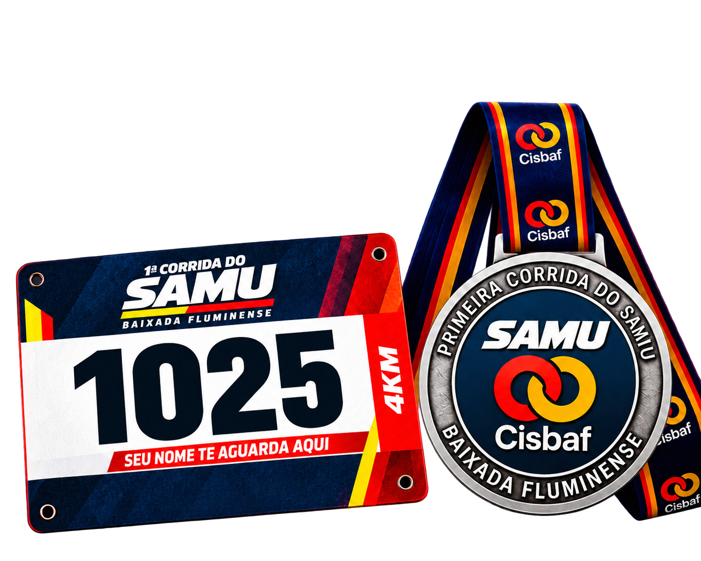 Número de peito 1025 da 1ª Corrida do SAMU e a medalha do evento com a fita