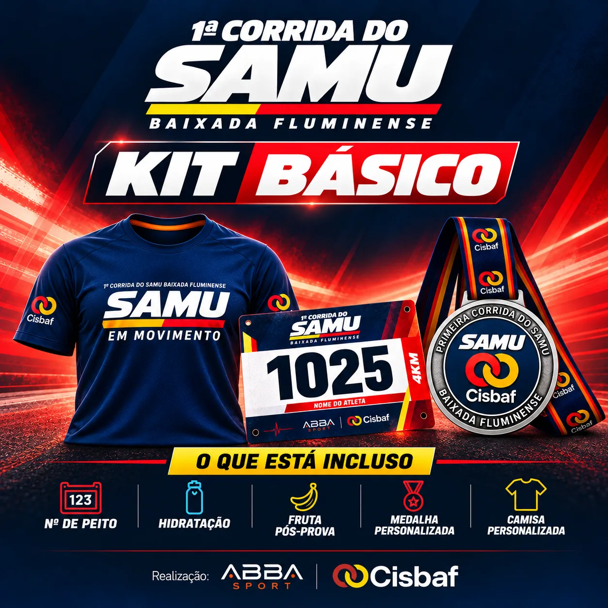 Arte do Kit Básico: camisa azul-marinho do evento, número de peito e medalha personalizada