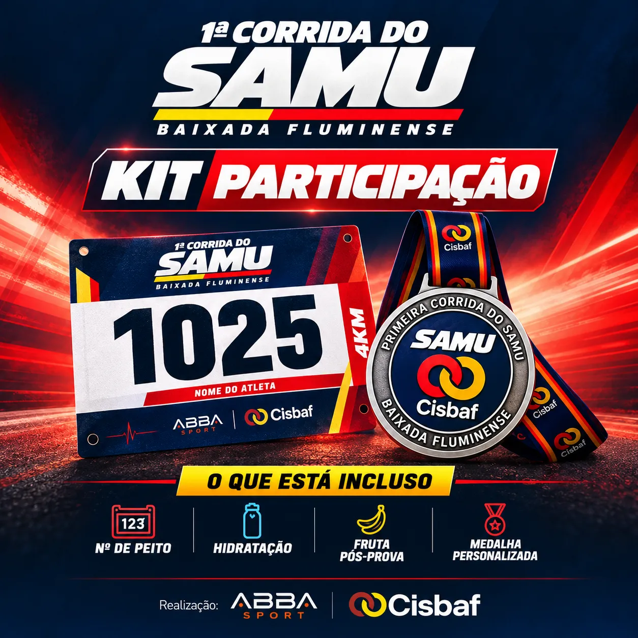 Arte do Kit Participação: número de peito, medalha personalizada, hidratação e fruta pós-prova